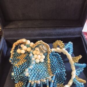 Handcrafted Beaded Pin  in Blue and Gold Brooch Abstract